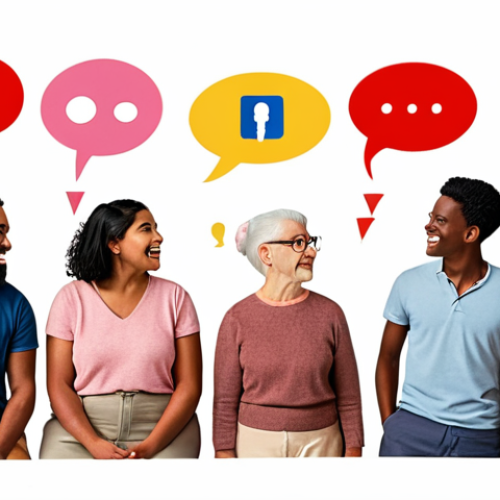 **Image Prompt:** A diverse group of people from various backgrounds, ages, and abilities engaging in conversation. Visual elements emphasize inclusive language, such as speech bubbles with symbols representing gender neutrality, accessibility, and respect for different ethnicities. The scene should convey a sense of understanding and acceptance, countering stereotypes and promoting linguistic sensitivity in everyday life. The backdrop subtly includes references to social media and AI, illustrating the broader context of language bias and its impact.