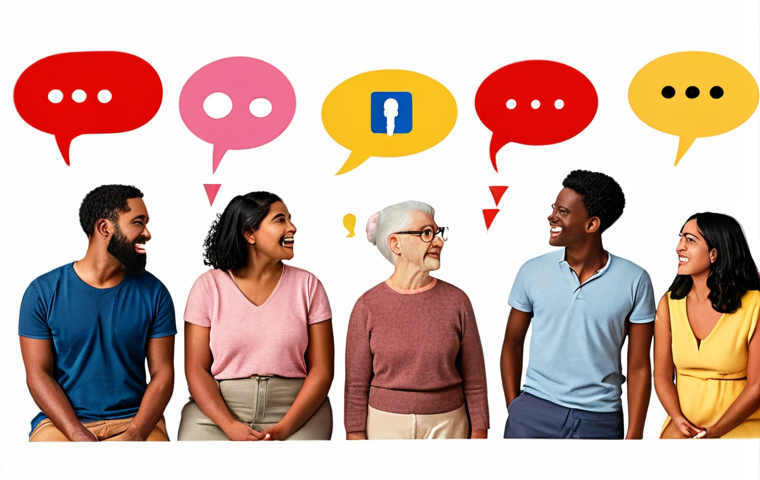 **Image Prompt:** A diverse group of people from various backgrounds, ages, and abilities engaging in conversation. Visual elements emphasize inclusive language, such as speech bubbles with symbols representing gender neutrality, accessibility, and respect for different ethnicities. The scene should convey a sense of understanding and acceptance, countering stereotypes and promoting linguistic sensitivity in everyday life. The backdrop subtly includes references to social media and AI, illustrating the broader context of language bias and its impact.
