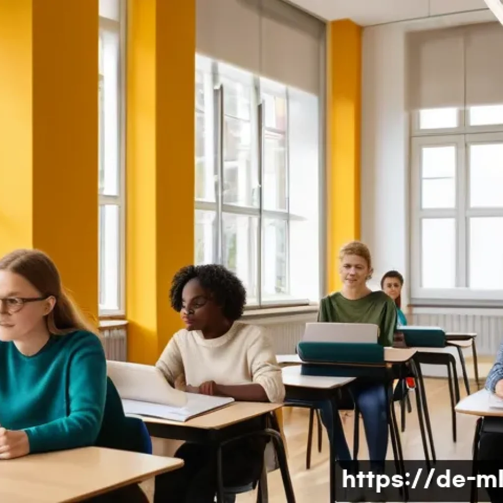언어적 편향 인식 캠페인 사례 - A modern classroom setting in a German school with a diverse group of students aged around 14-16, at...