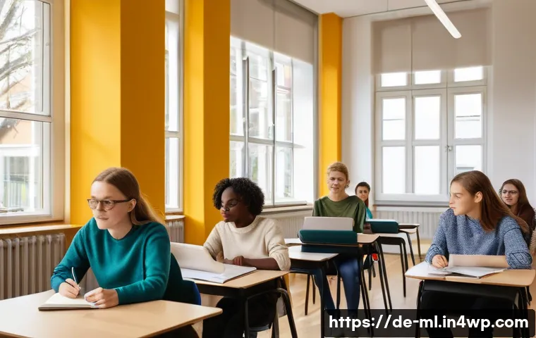 언어적 편향 인식 캠페인 사례 - A modern classroom setting in a German school with a diverse group of students aged around 14-16, at...