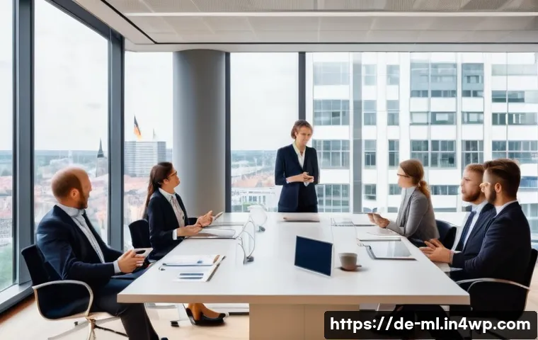 언어적 편향의 층위 분석 - A modern office meeting scene in Germany, featuring diverse professionals in business attire engagin...