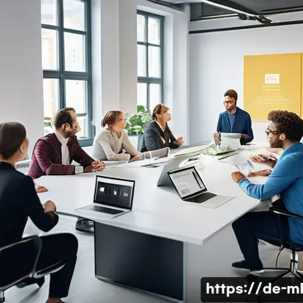 언어적 편향과 다양한 언어 문화 - A diverse group of professionals in a modern German office setting, engaged in a collaborative meeti...