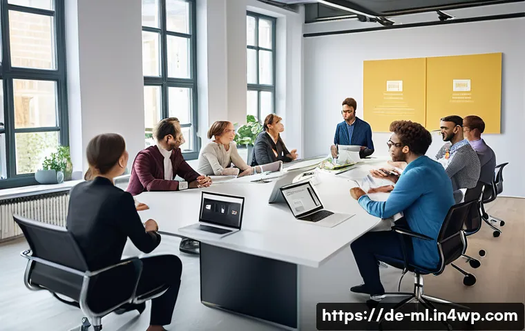 언어적 편향과 다양한 언어 문화 - A diverse group of professionals in a modern German office setting, engaged in a collaborative meeti...