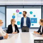 Home 19 언어적 편향을 다룬 TED 강의 - A diverse group of professional adults engaged in a lively office discussion, featuring inclusive la...