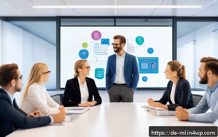 언어적 편향을 다룬 TED 강의 - A diverse group of professional adults engaged in a lively office discussion, featuring inclusive la...