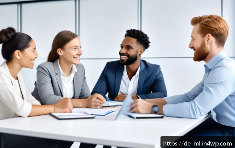 언어적 편향 인식을 위한 연구 사례 - A modern office scene showing a diverse team engaged in an inclusive meeting. The group includes men...